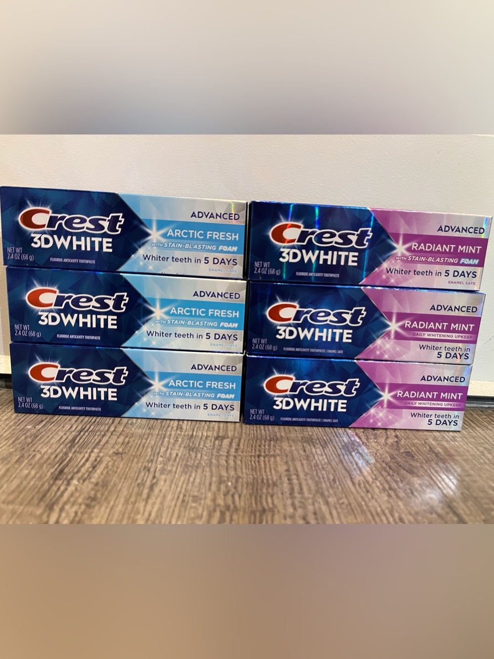 6 Crest 3D White and Arctic Fresh Radiant mint Toothpaste Pack, 2.4 oz Ea
